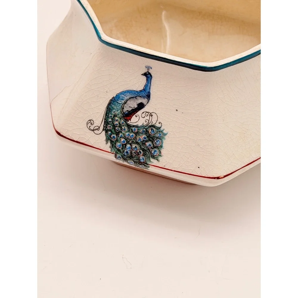 Vintage Hexagonal Peacock Ceramic Creamer Pitcher Cream Blue Art Deco 5117X